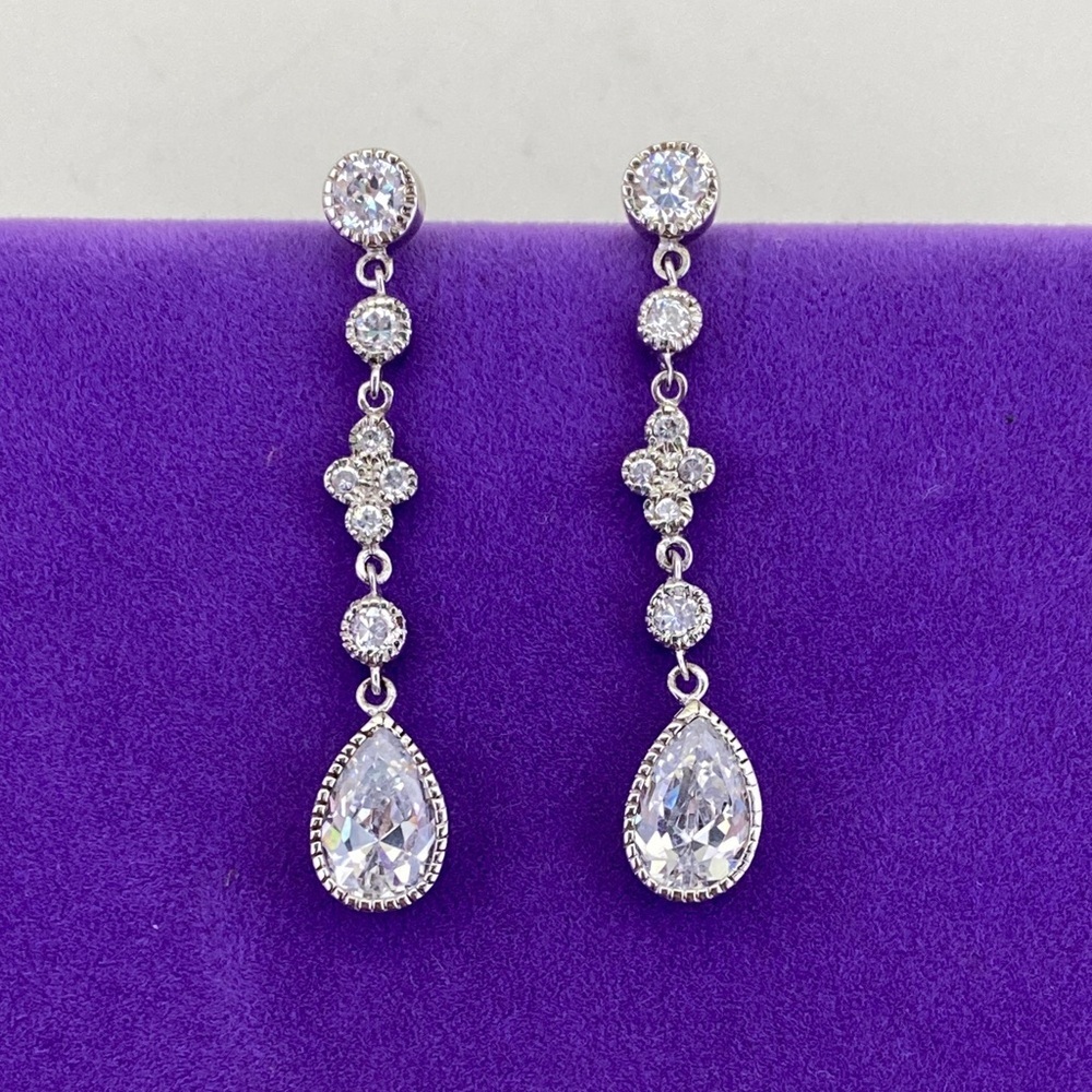💛 Sterling Silver Clear Teardrop Dangle Earrings | Bridal Formal Modern Luxe